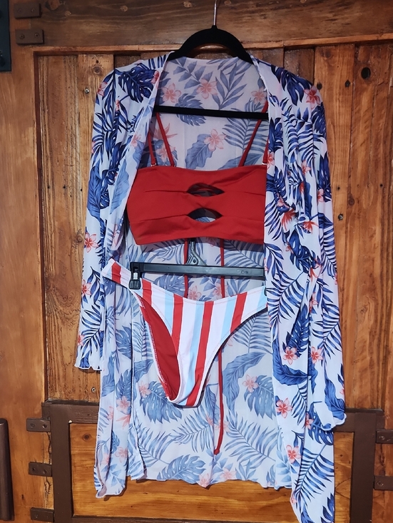 Other - 4 Piece Red Cutout Bikini Set with Floral Cover-Up And Two Bottoms